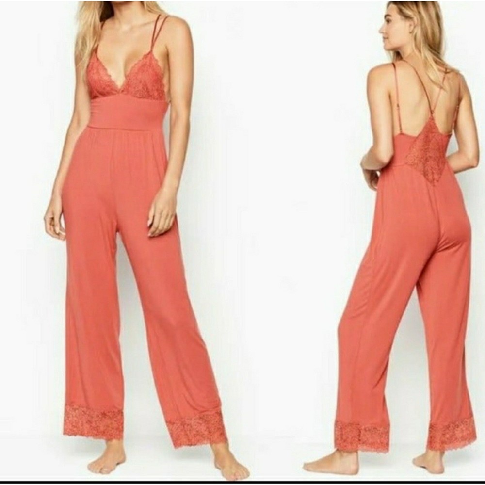 Victoria's Secret Super Soft Lace Heavenly Modal Jumpsuit Coral Orange XS